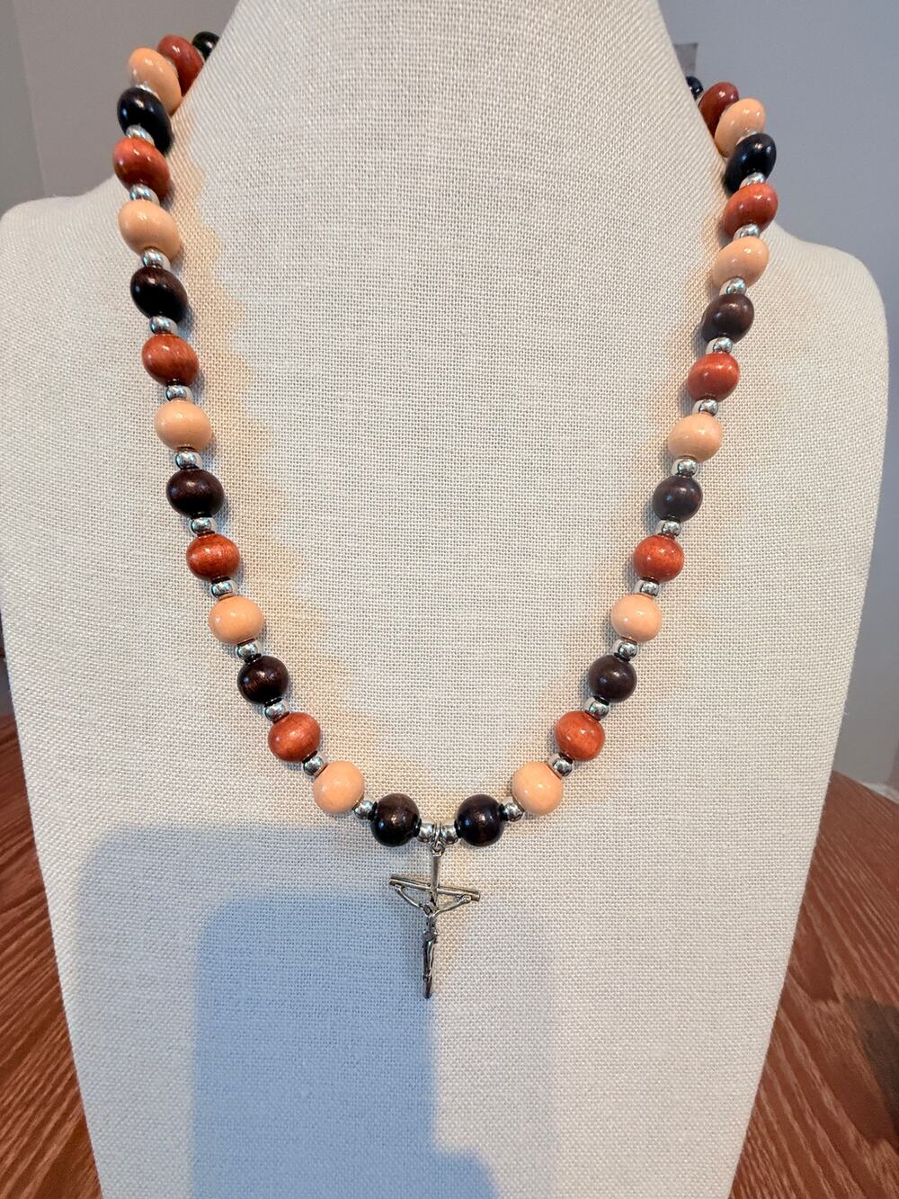 25” Wood Bead Cross Pendant Necklace